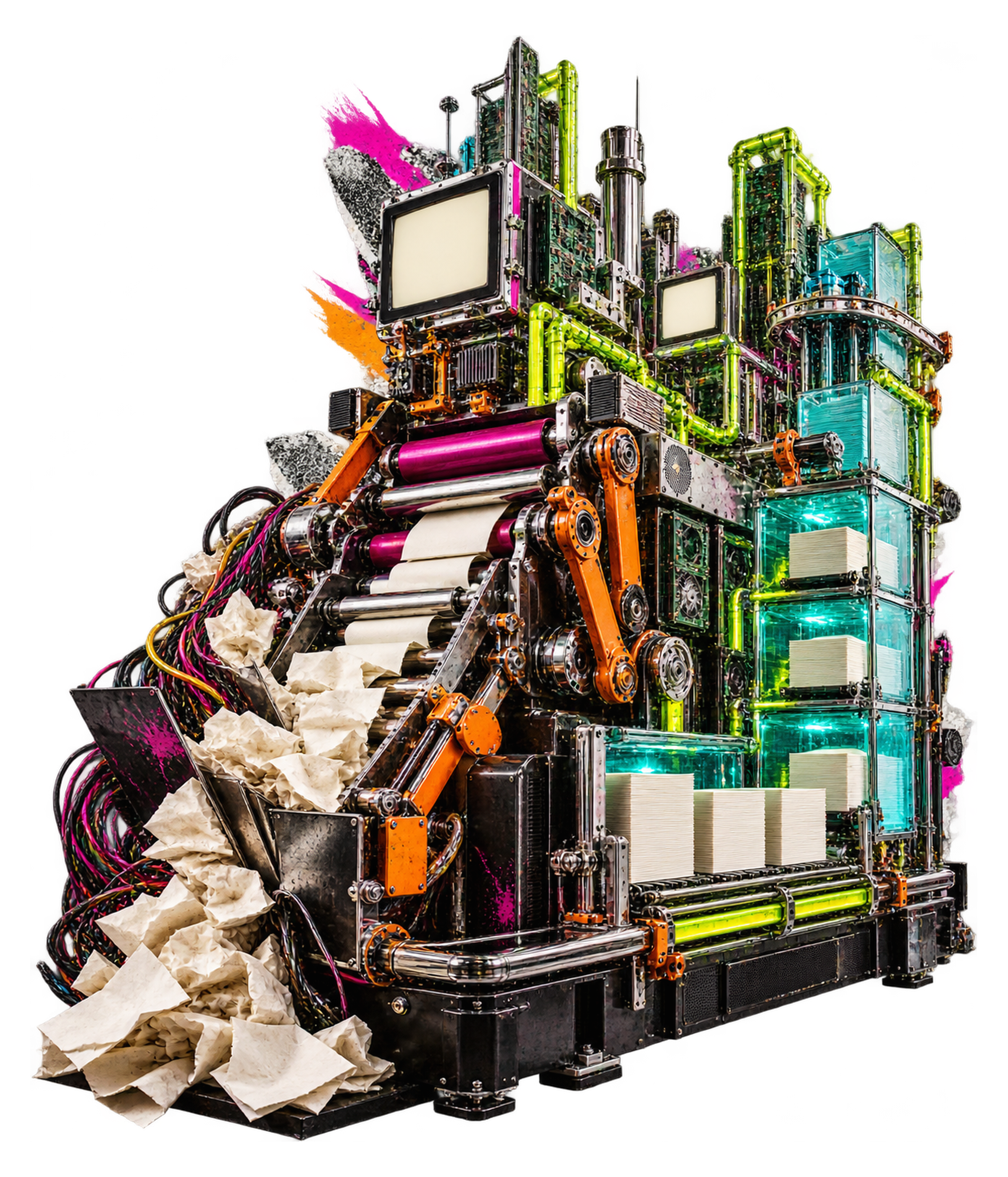 A neon retro-computing machine transforming crumpled documents and tangled connections into an orderly modular system